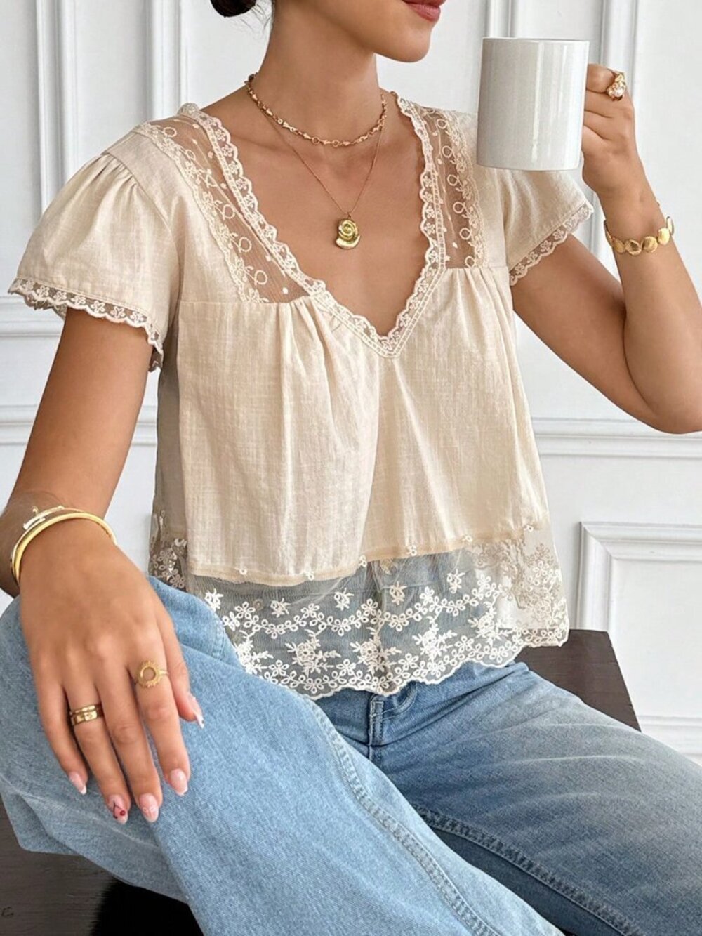 Apricot Patchwork Women Twist Top